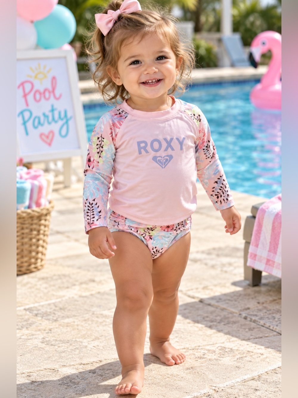 Roxy Pink Floral 2 Piece Swim Set Long Sleeve Rashguard & Bottoms UPF 50 NWT